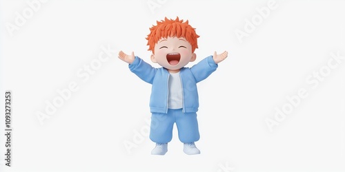 A joyful cartoon boy with bright orange hair expressing happiness and excitement.
