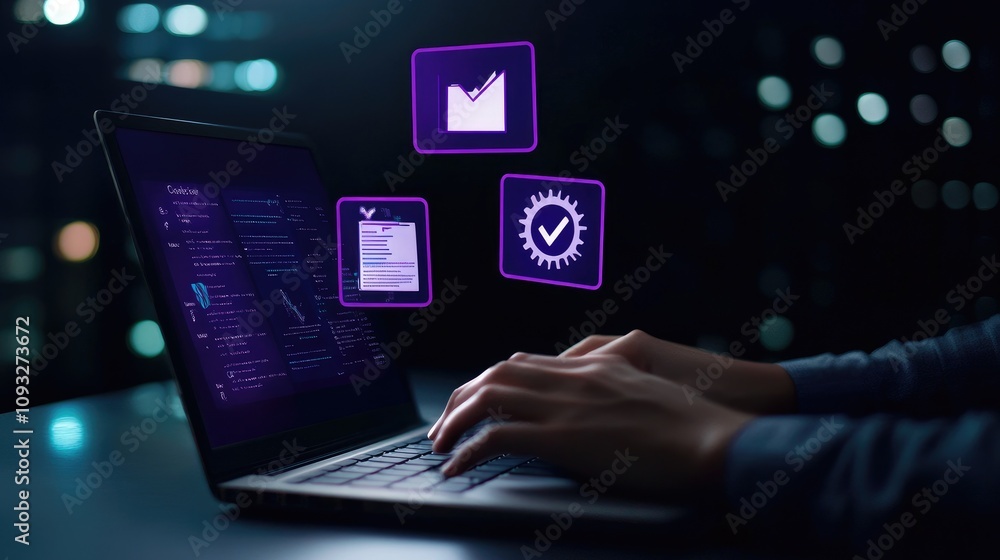 Person Typing on Laptop with Purple Document and Checkmark Icons Floating Above Keyboard, Dark Background, Business Quality Control Process, Professional Stock Photo, Clean Composition, High Resolutio Person Typing on Laptop with Purple Document and Checkmark Icons Floating Above Keyboard, Dark Background, Business Quality Control Process, Professional Stock Photo, Clean Composition, High Resolutio