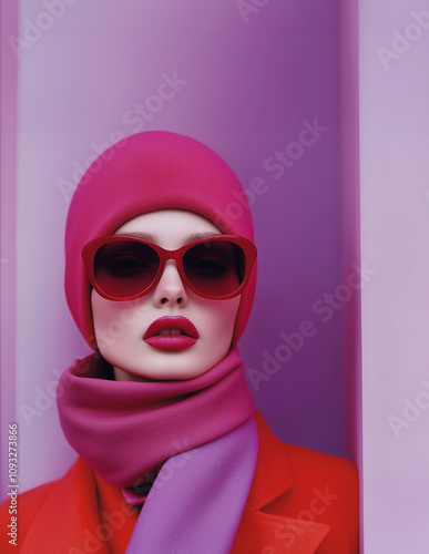 supermodel, minimalistic, in red and purple, outfit, sunglasses, headdress, famous designer, vertical, one person,