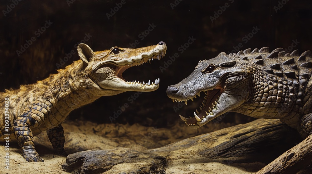 Fototapeta premium A striking depiction of a prehistoric crocodile and a therocephalian, showcasing their fierce expressions.