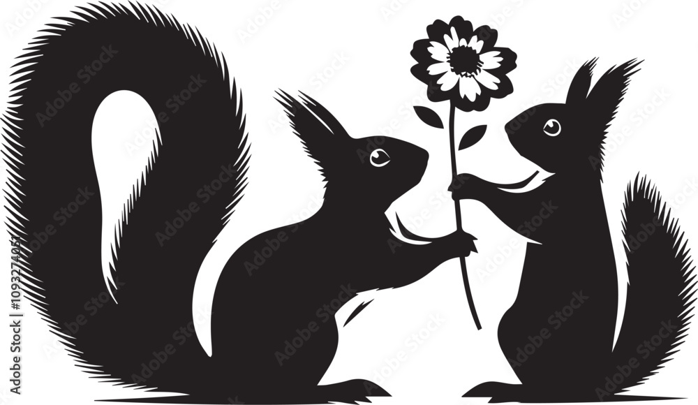 Naklejka premium A squirrel offering a flower to another squirrel silhouette vector
