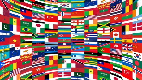 Curved 3D screen broadcasting international flags. Worldwide news broadcast screensaver. Horizontal vector banner