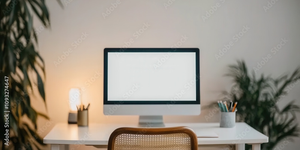 Fototapeta premium A modern workspace featuring a stylish desk, computer, and indoor plants.