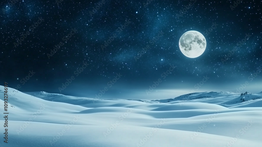 Fototapeta premium Winter Landscape with Snow Covered Fields and Starry Night Sky