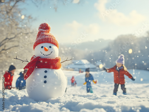 A wintery scene withsnowman wearingred scarf and hat photo