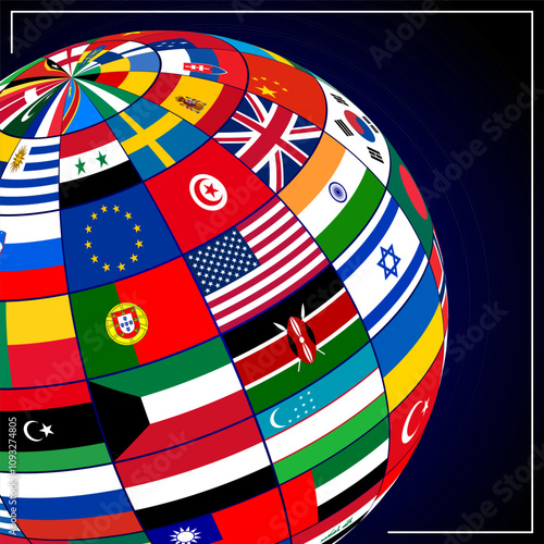 International sphere ball wrapped in flags of world. Square template for designing social international advertising. Vector illustration on night sky background