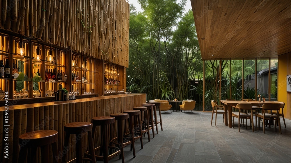 Fototapeta premium Here's a and keyword list for your stock photo, fitting within the given constraints.. Tranquil Bamboo Bar & Dining Area.