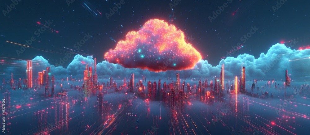 Obraz premium Futuristic city skyline with glowing cloud above.