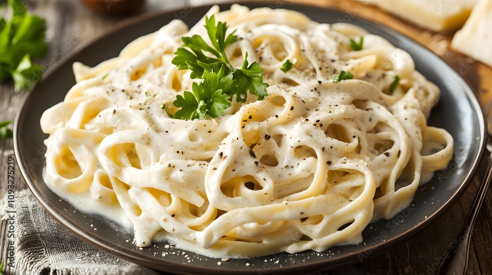 Creamy fettuccine alfredo served on a plate with fresh parsley garnish and elegant presentation Creamy fettuccine alfredo served on a plate with fresh parsley garnish and elegant presentation