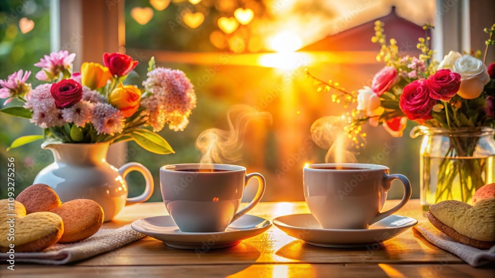 Fototapeta premium Romantic Good Morning Friday Night Photography: A Cozy Atmosphere with Soft Lighting, Coffee, and Heartfelt Moments to Celebrate Love and Togetherness at Dawn