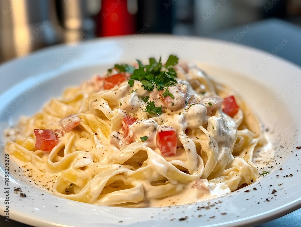 Creamy fettuccine alfredo served on a plate with fresh parsley garnish and elegant presentation Creamy fettuccine alfredo served on a plate with fresh parsley garnish and elegant presentation
