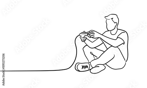 Guy playing video game, continuous line art drawing isolated on white background. Game console. Vector illustration