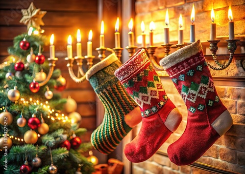 Festive Christmas & Hanukkah Decor, Cozy Stockings & Menorah photo