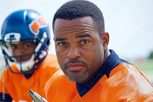 Football American sideline coach passionately giving instructions, clipboard in hand, with players listening intently