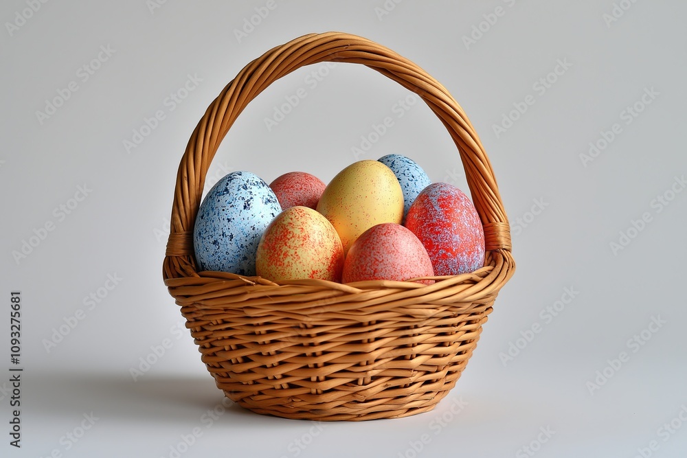 A wicker basket filled with brightly speckled Easter eggs in shades of blue, red, and yellow, set against a plain background, evoking a festive and rustic Easter feel A wicker basket filled with brightly speckled Easter eggs in shades of blue, red, and yellow, set against a plain background, evoking a festive and rustic Easter feel