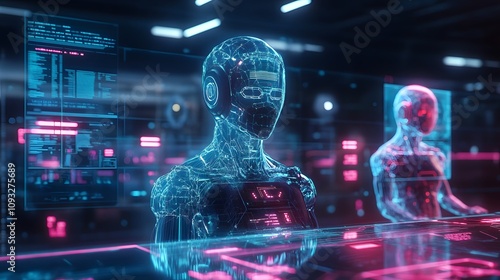 A futuristic workspace where 3D glowing team member avatars collaborate on tasks with 2D animated progress updates. 4k resolution, Cinematic Scene