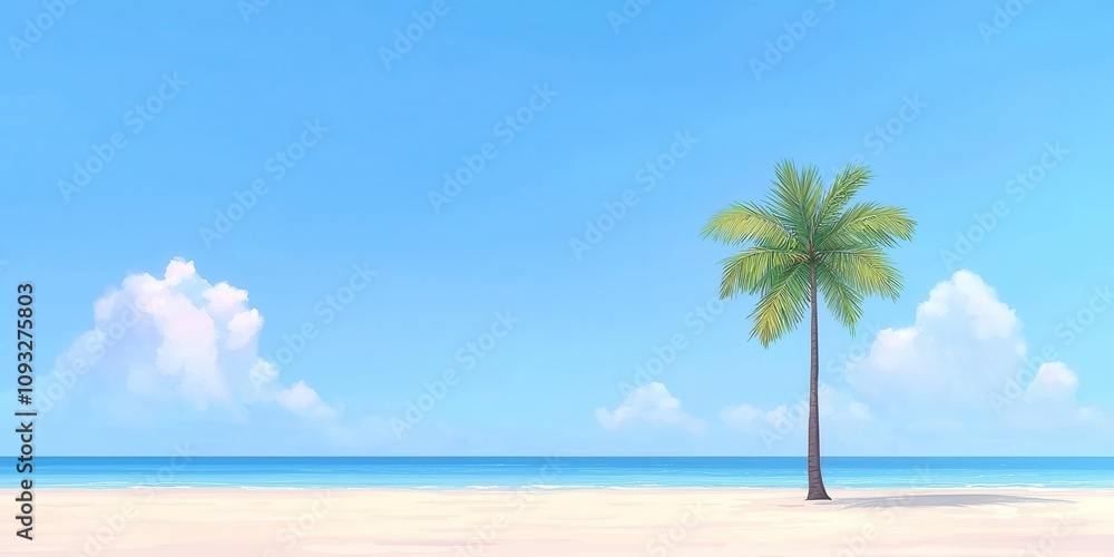 Fototapeta premium A serene beach scene featuring clear blue skies and a single palm tree by the ocean.