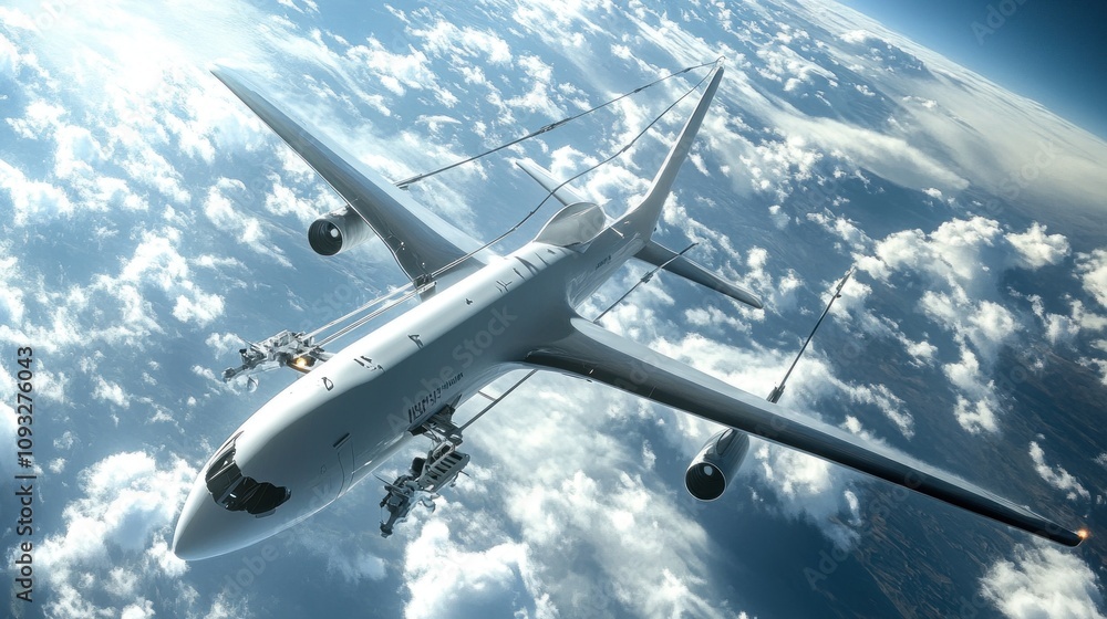 Fototapeta premium Military aircraft releasing ordnance above clouds.