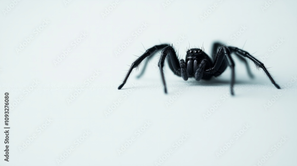 Black spider sitting on a plain white background, minimalist style 