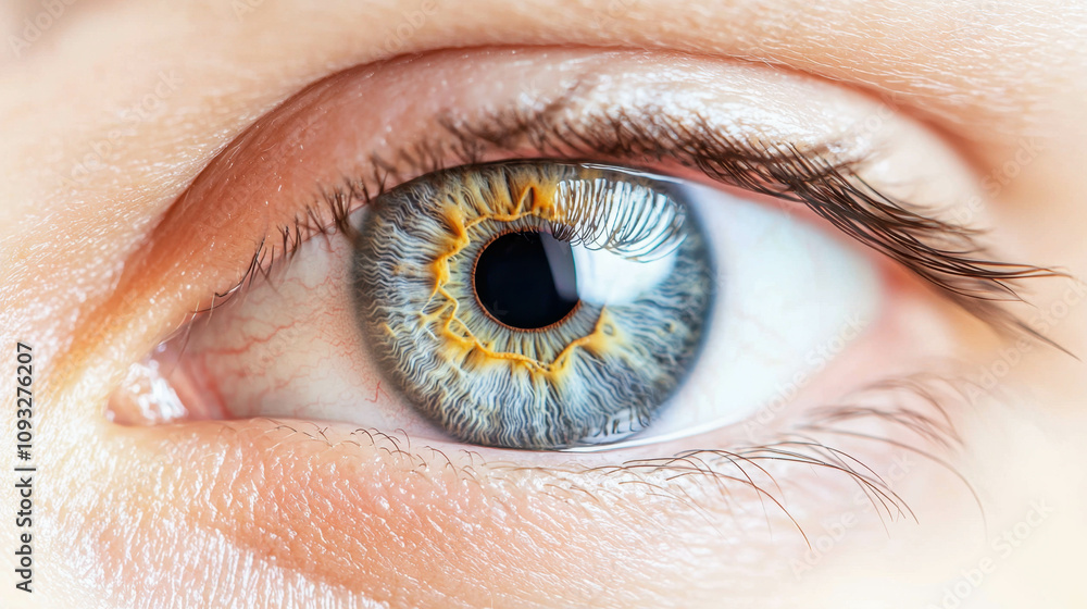 Fototapeta premium Human Eye Close-Up with Blue and Yellow Iris, detail, perception