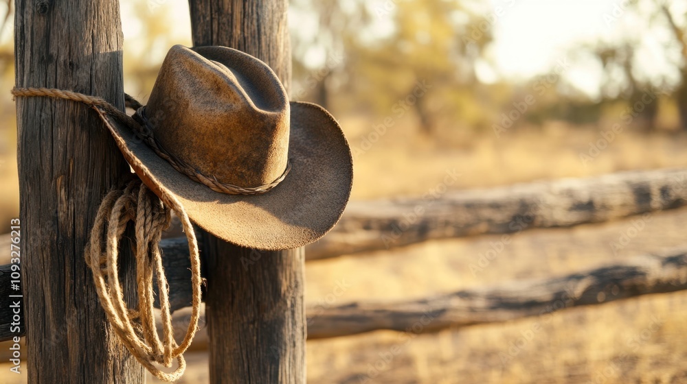 Rustic Cowboy Hat Hanging on Wooden Fence Post with Lasso in Golden Landscape, Evoking Warmth of the Western Frontier and Adventure Spirit Rustic Cowboy Hat Hanging on Wooden Fence Post with Lasso in Golden Landscape, Evoking Warmth of the Western Frontier and Adventure Spirit