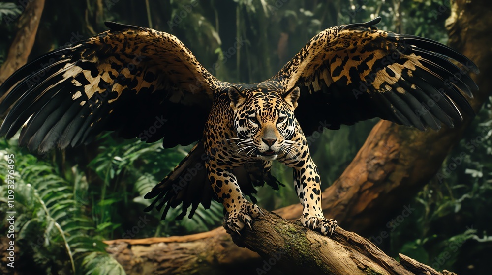 A stunning jaguar with majestic wings spreads across a lush jungle landscape, embodying power and grace. A stunning jaguar with majestic wings spreads across a lush jungle landscape, embodying power and grace.
