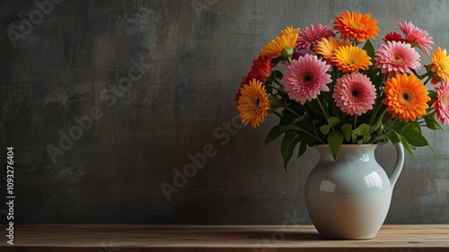 Wallpaper Mural Vibrant gerbera daisies in a ceramic jug on a wooden table against a textured background. Torontodigital.ca