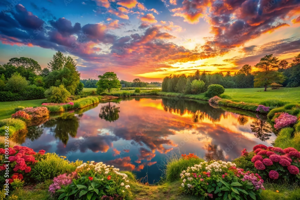 Fototapeta premium Romantic Landscape Embracing Valentine's Symbols: Heart-shaped Clouds Over Serene Lake at Sunset