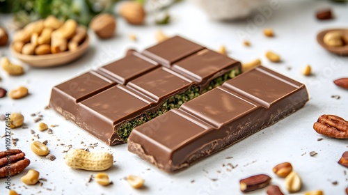 Dubai Chocolate bar with green kadayif and peanut butter on white stone table