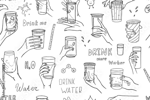 Seamless pattern of glasses with water in hand in doodle style. Lifestyle, health, drink more water, sporting, beverage. Hand drawn