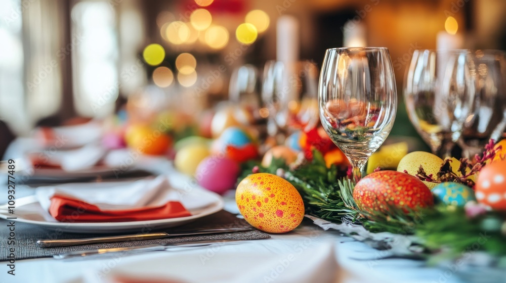 Festive Easter Table Setting With Decorated Eggs Festive Easter Table Setting With Decorated Eggs