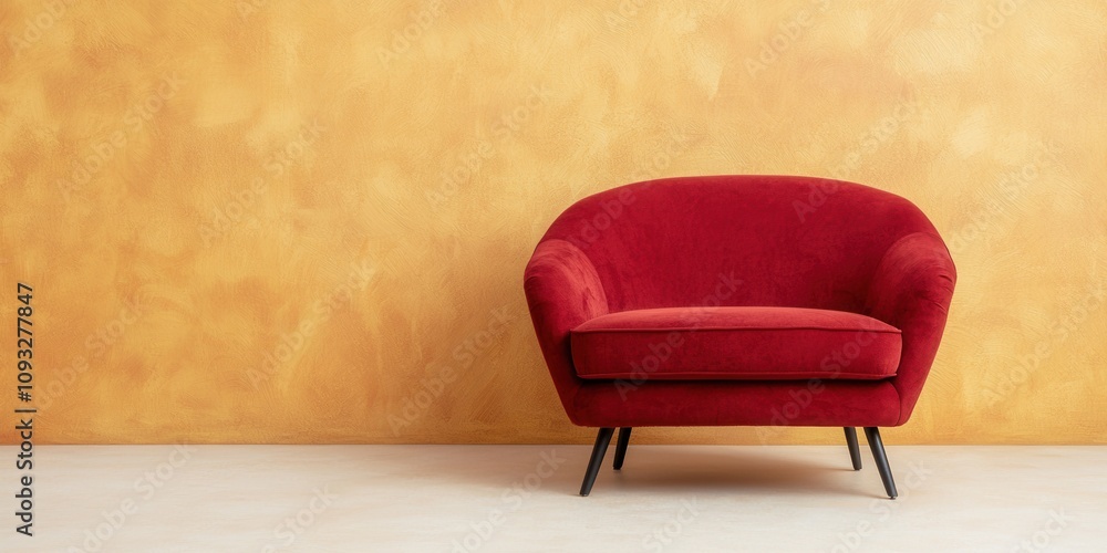 A stylish red armchair against a warm yellow wall, perfect for modern interiors. A stylish red armchair against a warm yellow wall, perfect for modern interiors.