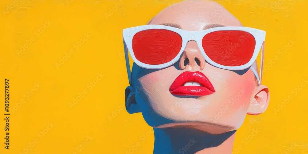 A stylish woman with bold sunglasses against a vibrant yellow background. A stylish woman with bold sunglasses against a vibrant yellow background.