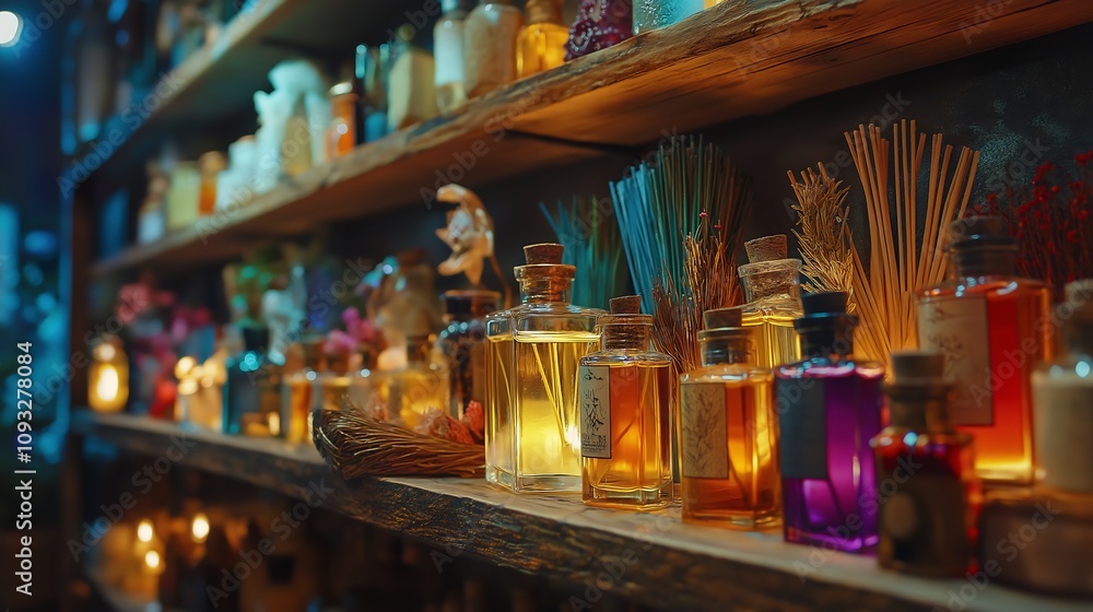 Apothecary Bottles, Essential Oils, Warm Light Apothecary Bottles, Essential Oils, Warm Light