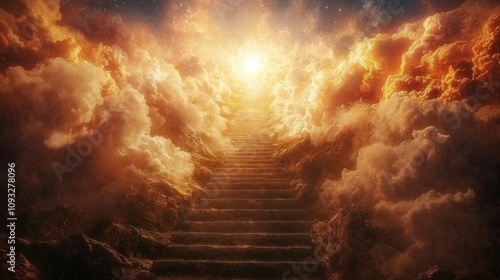 A radiant pathway made of steps ascends through thick, golden-hued clouds towards a bright light, evoking a sense of majesty and enlightenment.