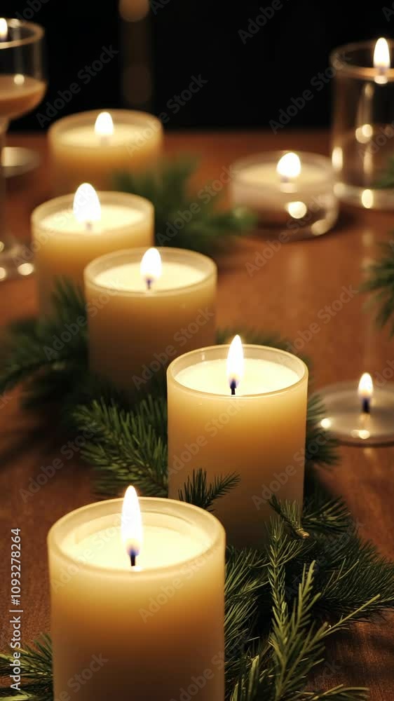 Lit candles create a warm ambiance on a wooden table surrounded by evergreen boughs Lit candles create a warm ambiance on a wooden table surrounded by evergreen boughs