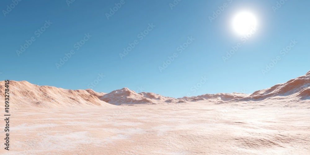 Fototapeta premium A vast, sunlit desert landscape with gentle hills under a clear blue sky.