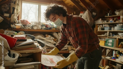 Young man working on cluttered table in attic while wearing gloves and mask, sorting through papers and documents amidst a disorganized background of stored items