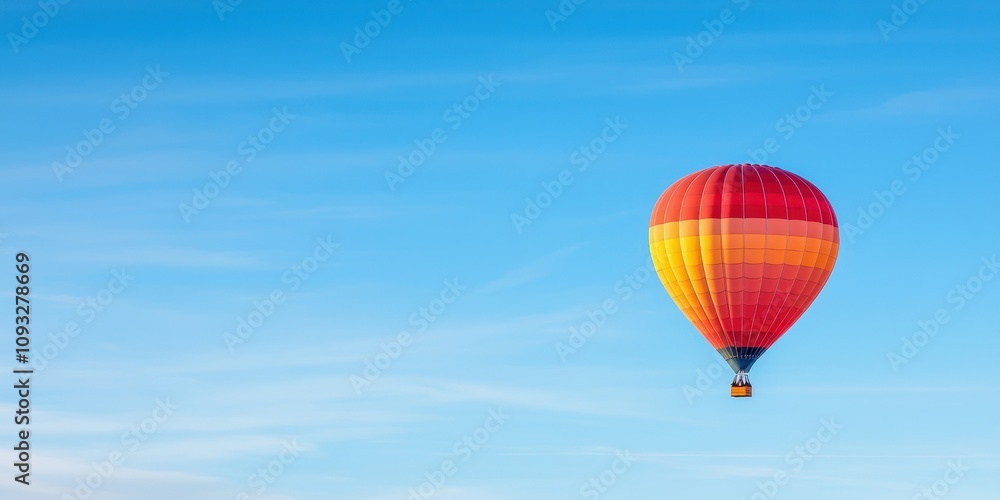 Naklejka premium A vibrant hot air balloon floats gracefully in a clear blue sky.