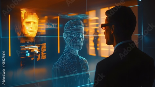 A hybrid professional using wearable tech to interact with 3D holographic team avatars, supported by 2D task priorities. 4k resolution, Cinematic Scene photo