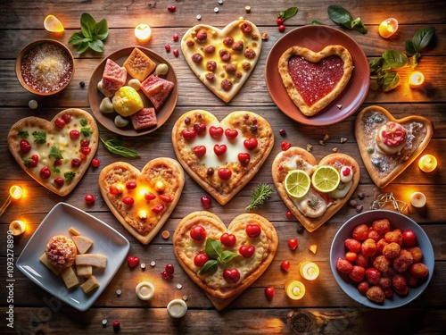 Romantic Long Exposure Capture of Valentine's Food Puns with Creative Arrangements of Heart-Shaped Treats, Playful Food Messages, and Soft Lighting for a Whimsical Atmosphere