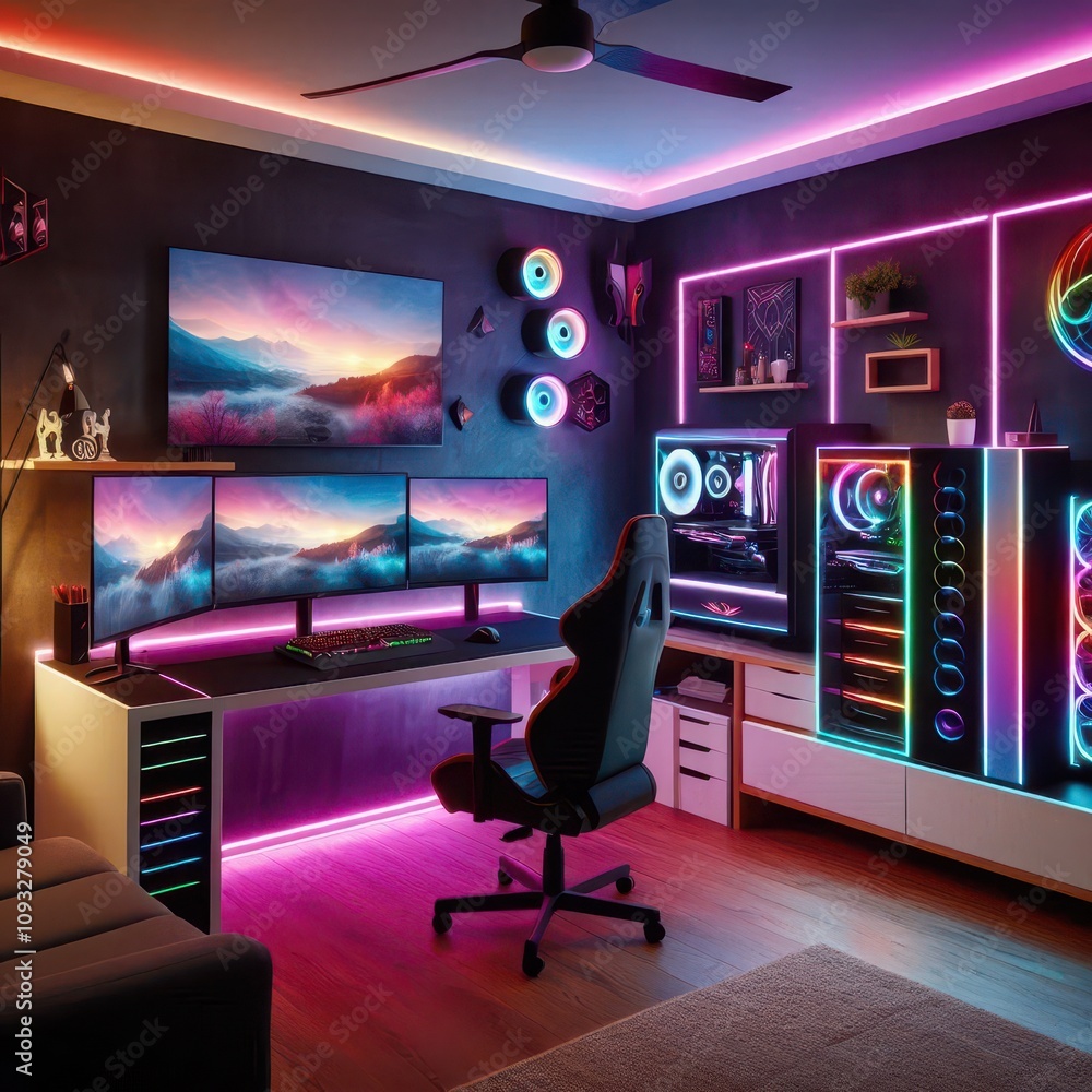 Futuristic gaming setup with triple monitors, vibrant RGB lighting, and a sleek gaming chair in a cozy modern space Futuristic gaming setup with triple monitors, vibrant RGB lighting, and a sleek gaming chair in a cozy modern space