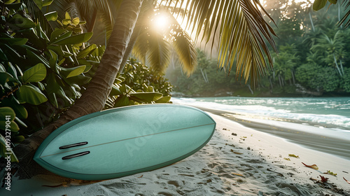 Australia Day celebration featuring a turquoise surfboard resting on the sandy beach under palm trees photo