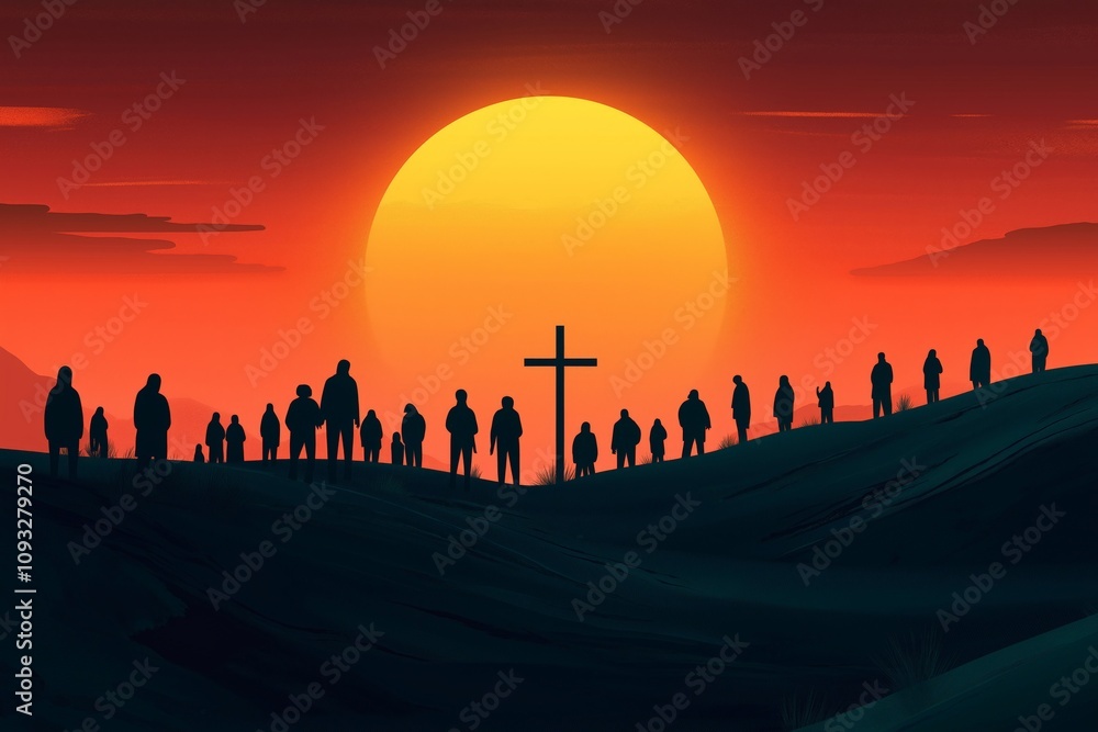 A flat illustration of a sunrise service with silhouettes of people gathered around a cross against a vibrant orange sky, symbolizing unity, faith, and hope in a minimalist desert landscape A flat illustration of a sunrise service with silhouettes of people gathered around a cross against a vibrant orange sky, symbolizing unity, faith, and hope in a minimalist desert landscape