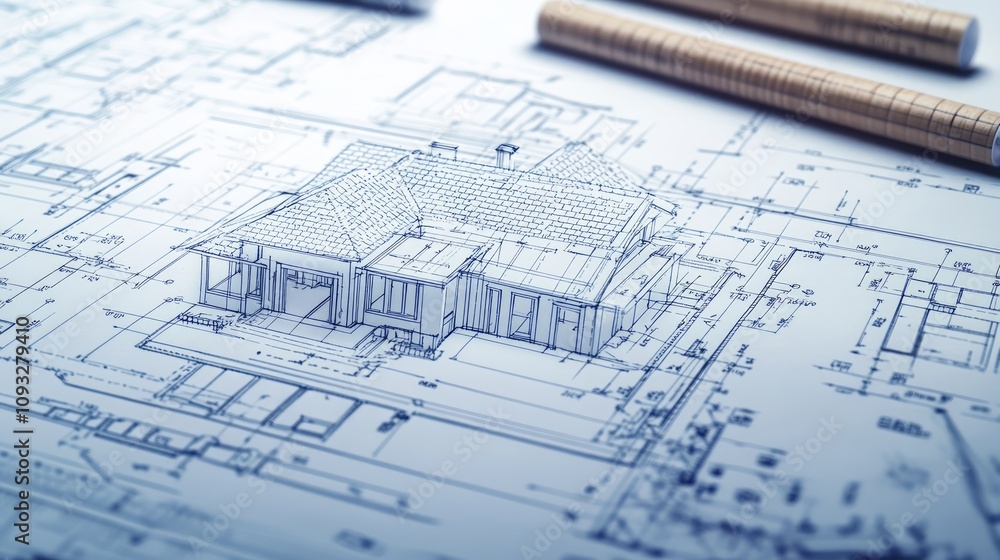 House blueprint sketch on architectural drawing with pencils. House blueprint sketch on architectural drawing with pencils.