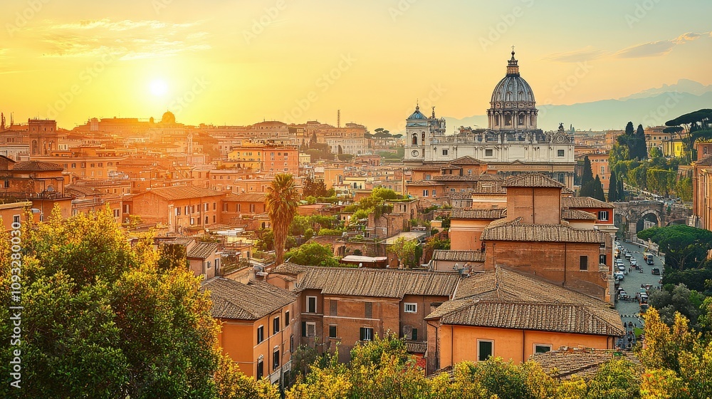 Fototapeta premium A picturesque sunset view over Rome, showcasing historic buildings and vibrant rooftops.