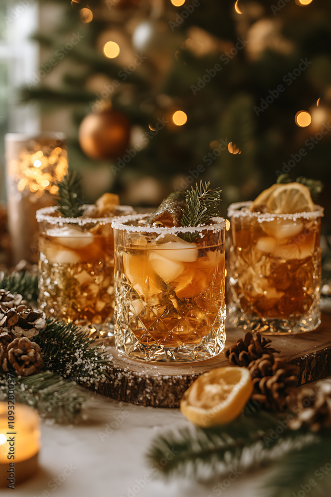 Gourmet holiday cocktails served in crystal glasses with sugared rims and festive garnishes Gourmet holiday cocktails served in crystal glasses with sugared rims and festive garnishes