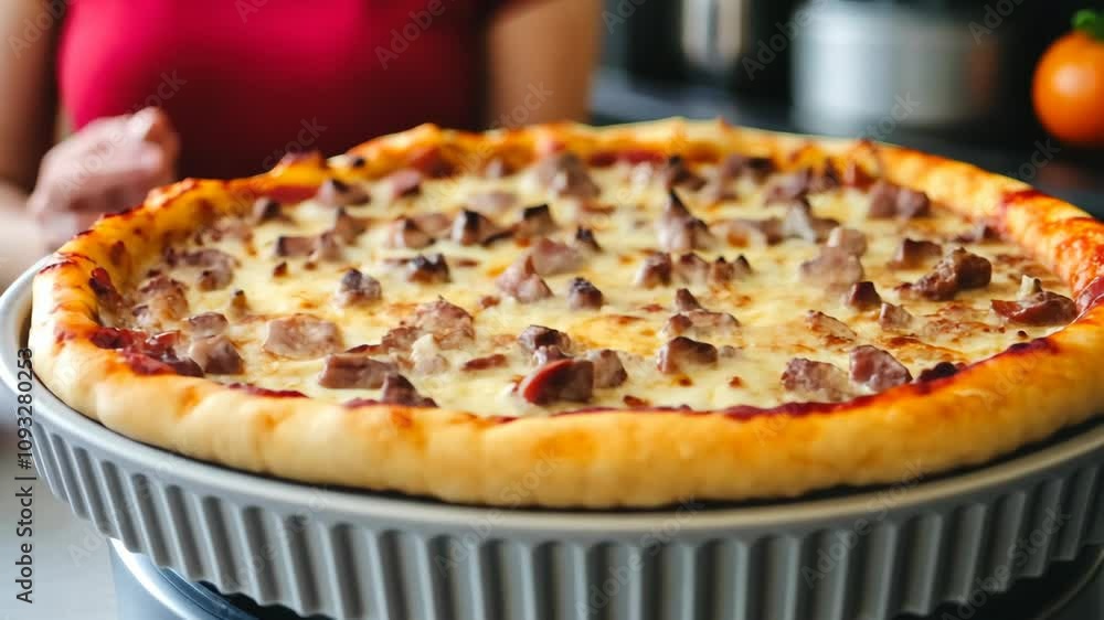 A delicious homemade meat pizza sits on a kitchen counter ready to be served A delicious homemade meat pizza sits on a kitchen counter ready to be served