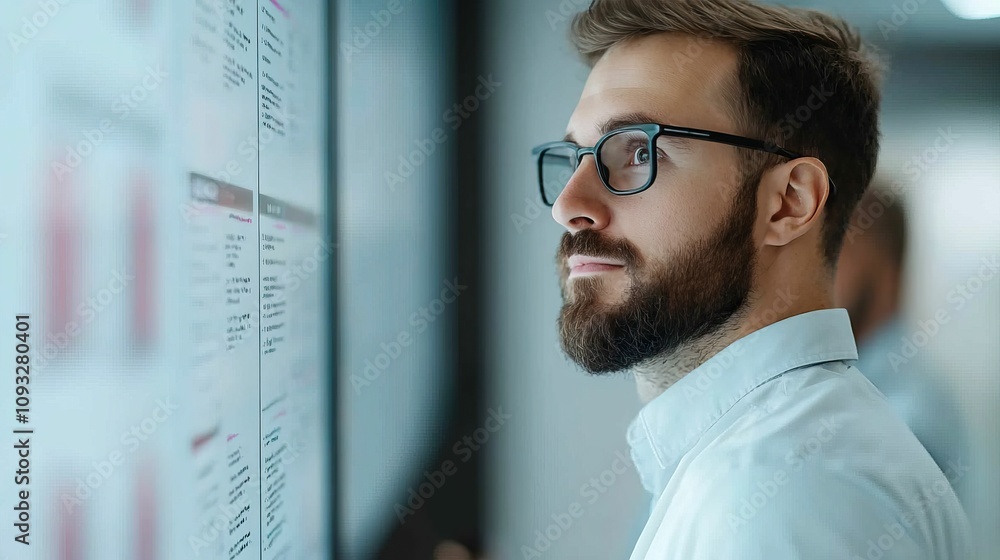 future business meeting technology concept, A focused man in glasses examines data displayed on a board in a modern office setting, showcasing analytical engagement and professional insight. future business meeting technology concept, A focused man in glasses examines data displayed on a board in a modern office setting, showcasing analytical engagement and professional insight.