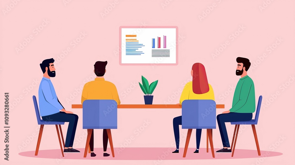future business meeting technology concept, A group of four people around a table discussing data, with a plant and a chart on the wall, highlighting collaboration and teamwork future business meeting technology concept, A group of four people around a table discussing data, with a plant and a chart on the wall, highlighting collaboration and teamwork